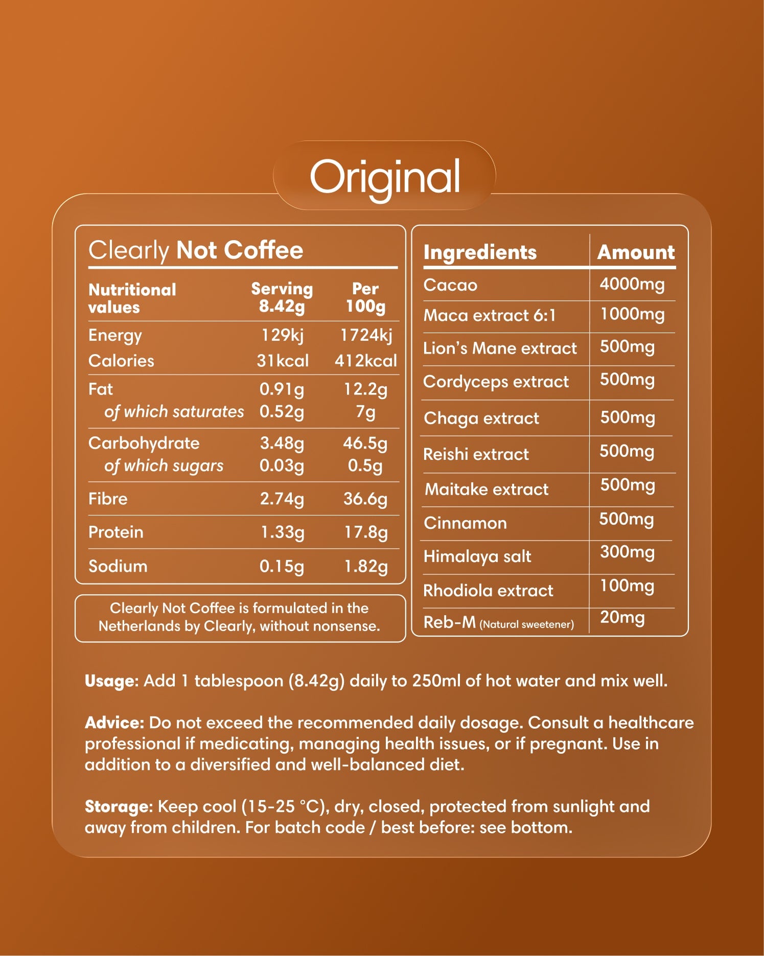 “Nutritional facts and ingredients label for Clearly Not Coffee Original, showing cacao, Lion’s Mane, Cordyceps, Chaga, Rhodiola and other natural extracts.”